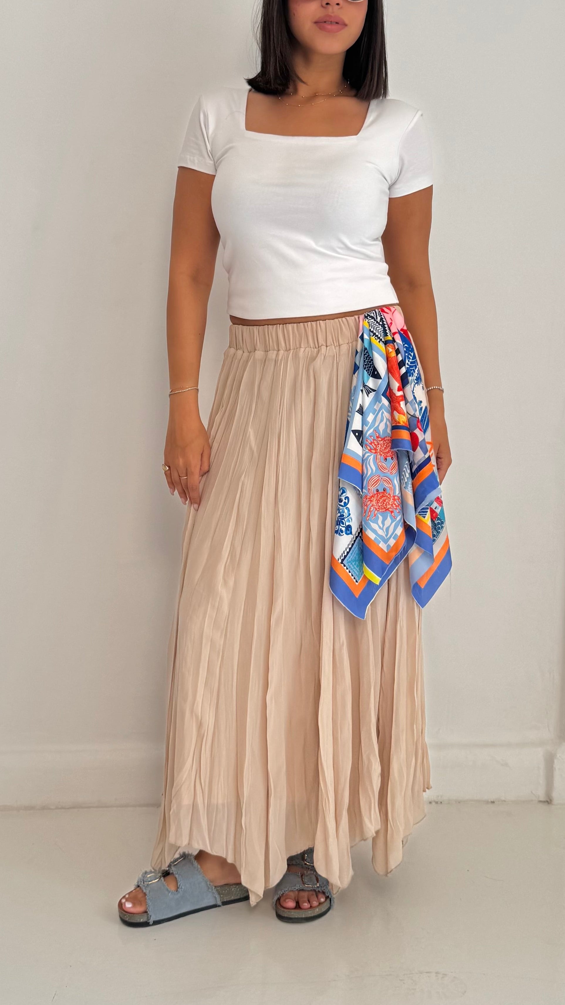 Flowy Crinkle Skirt In Beige