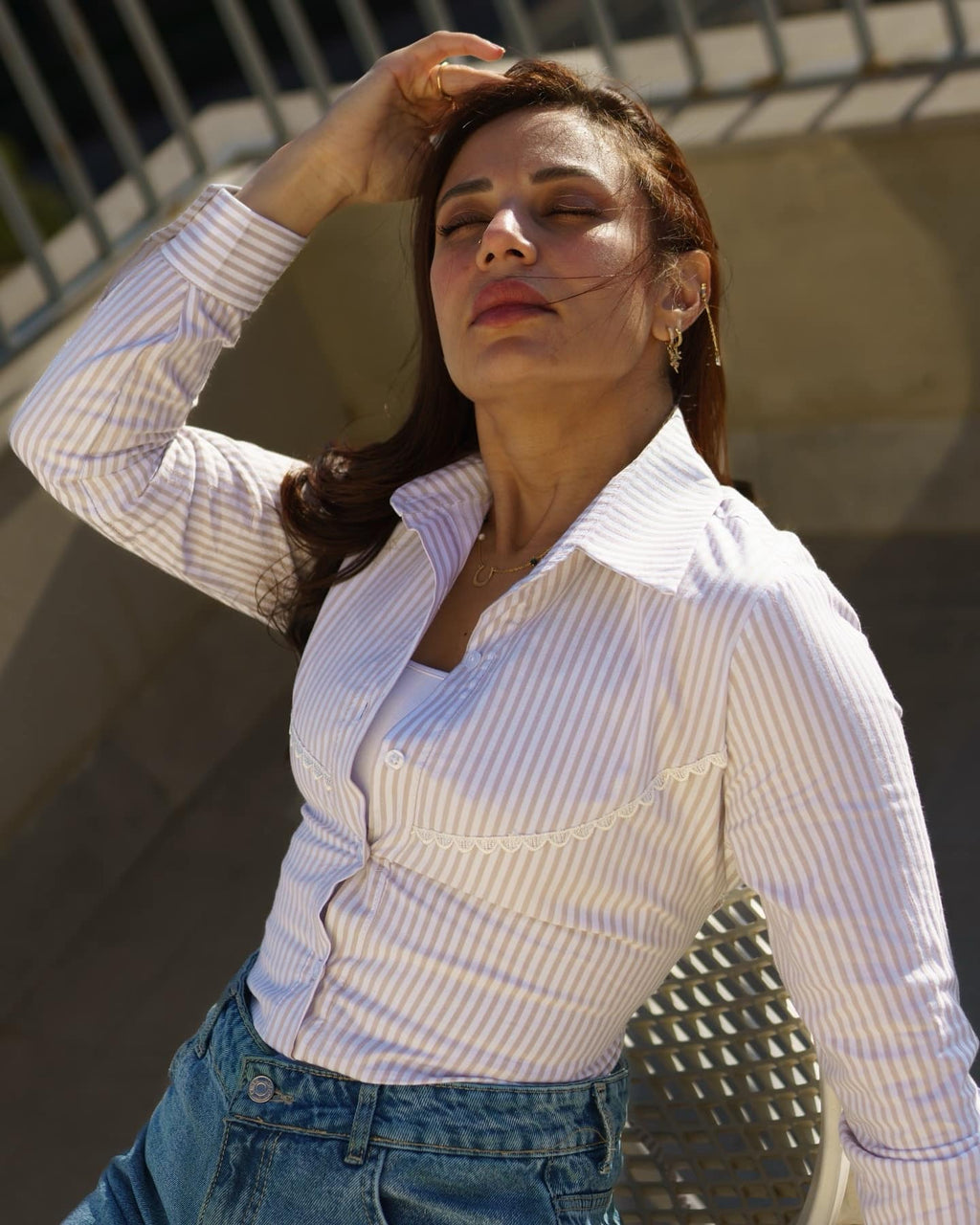 Guipure SlimWaist Striped Shirt