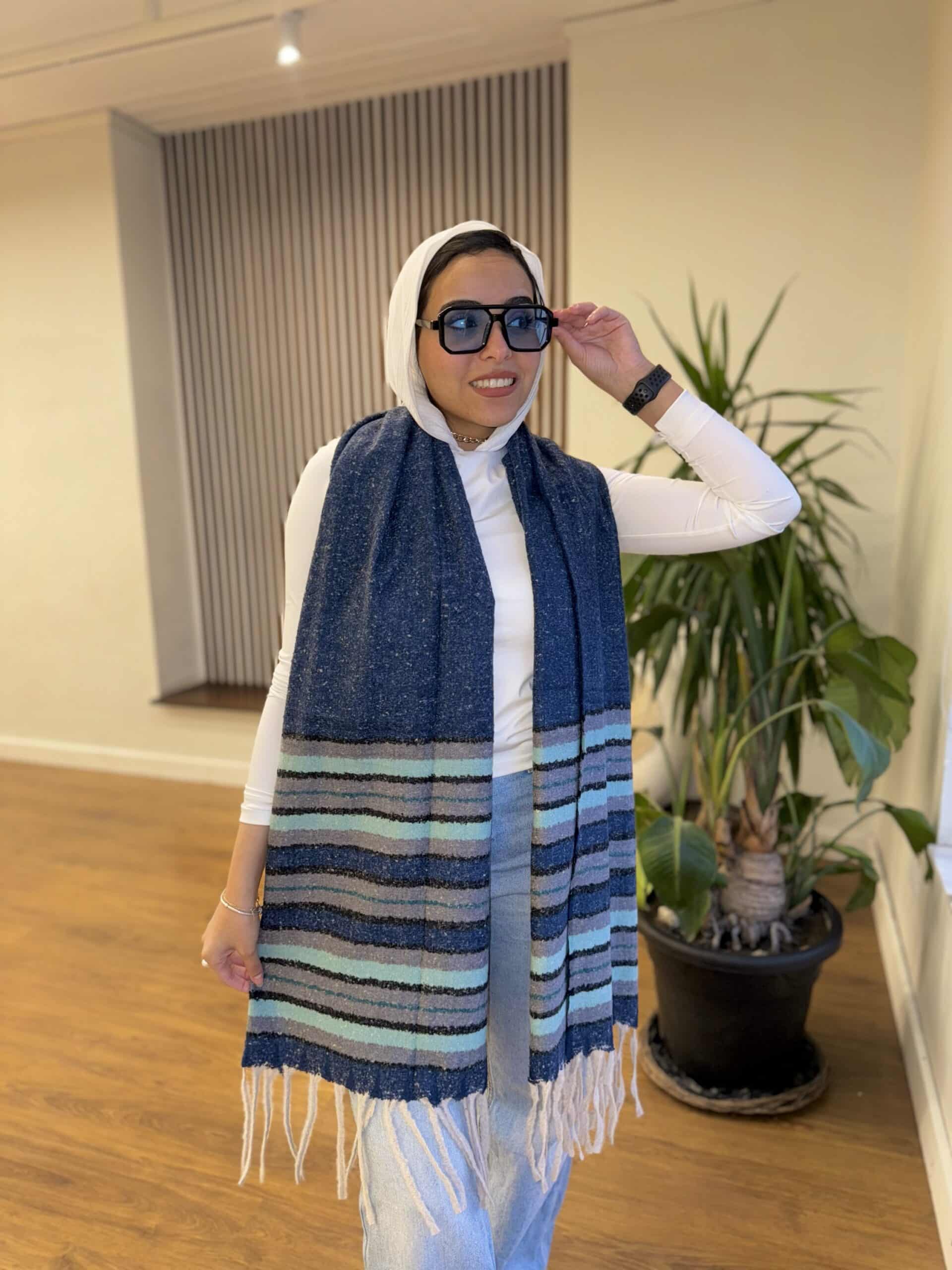 Striped Blue Wool Shawl