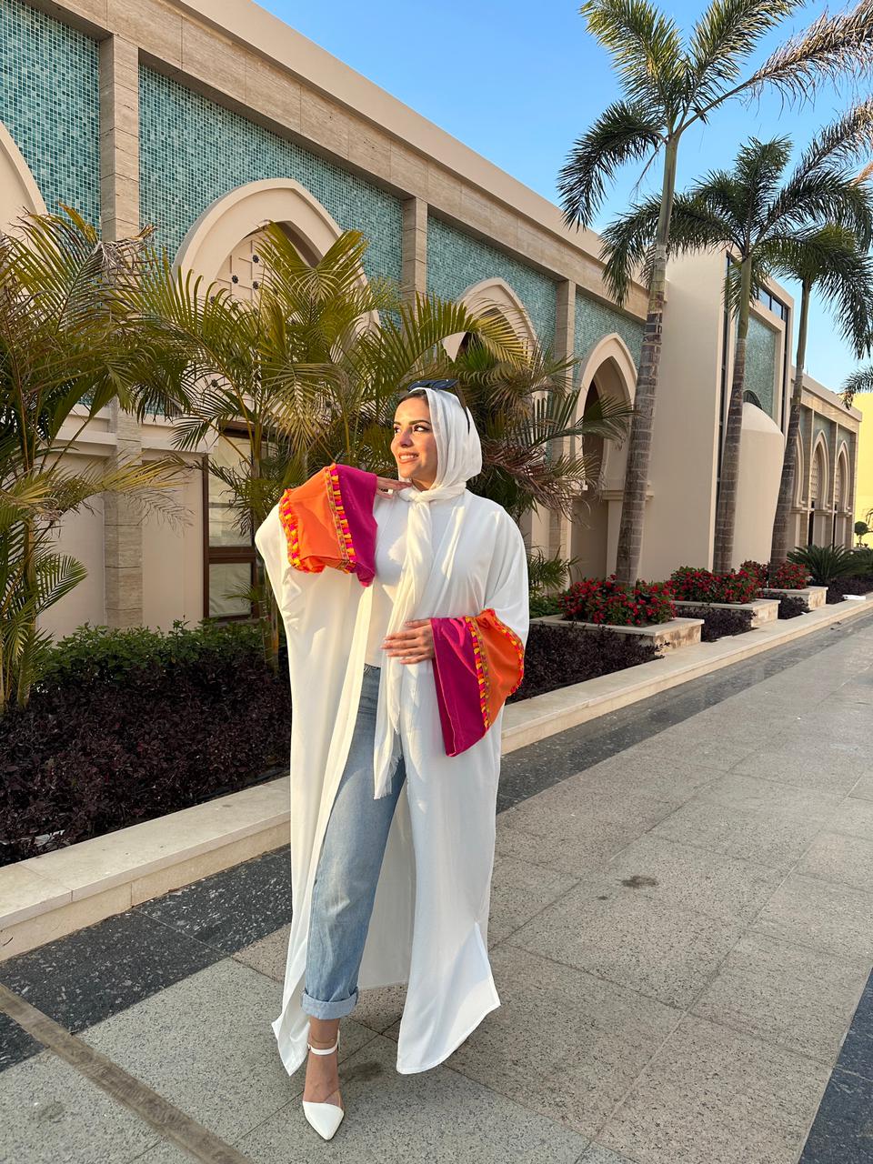 White kaftan with fuchsia X orange