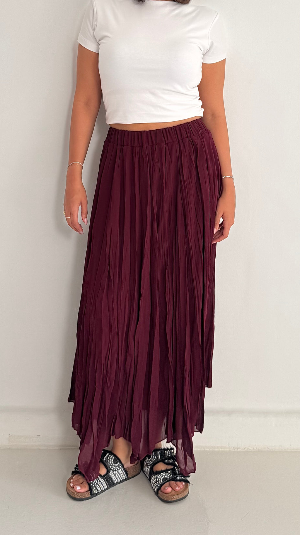 Flowy Crinkle Skirt In Burgundy
