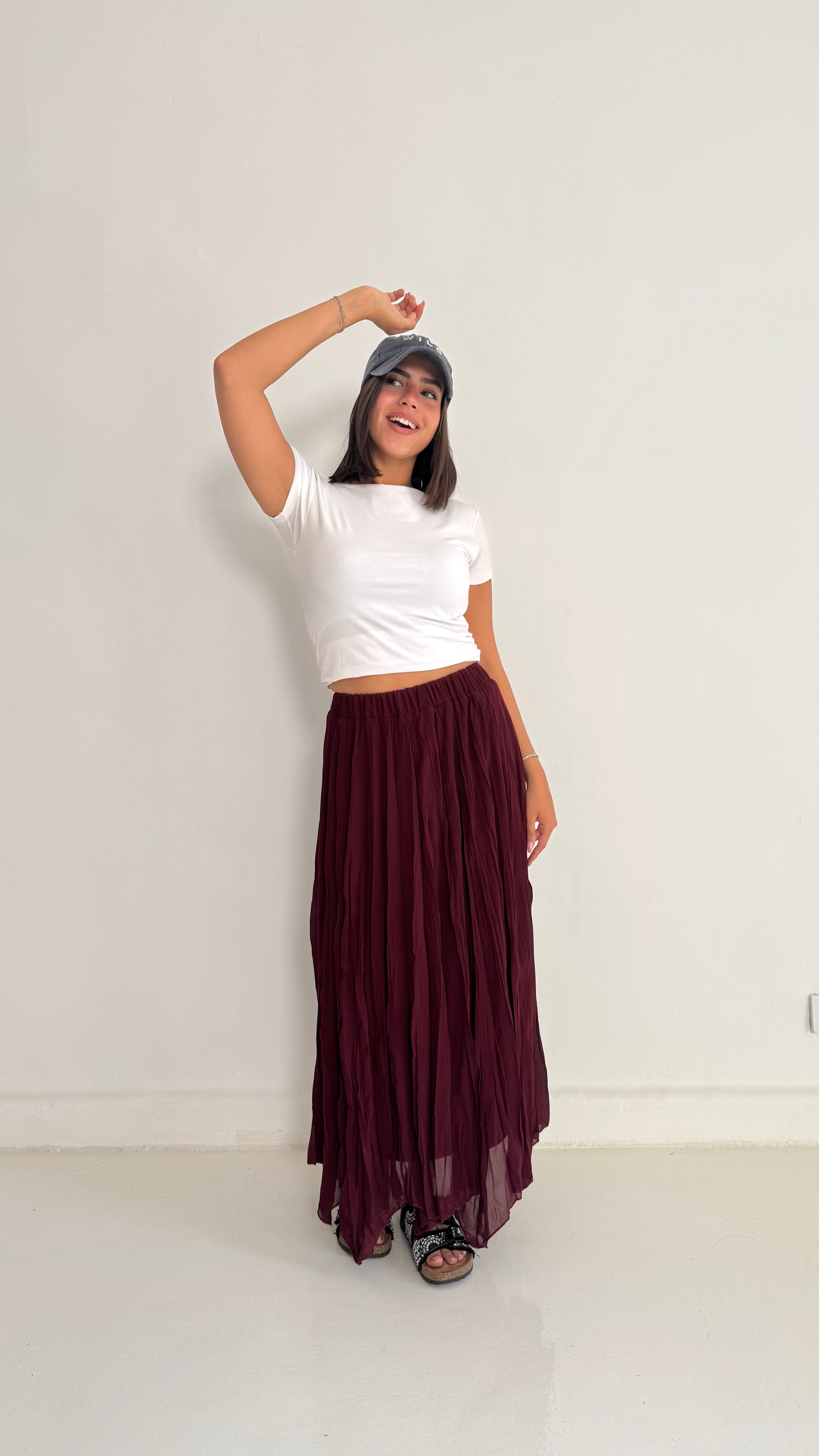 Flowy Crinkle Skirt In Burgundy