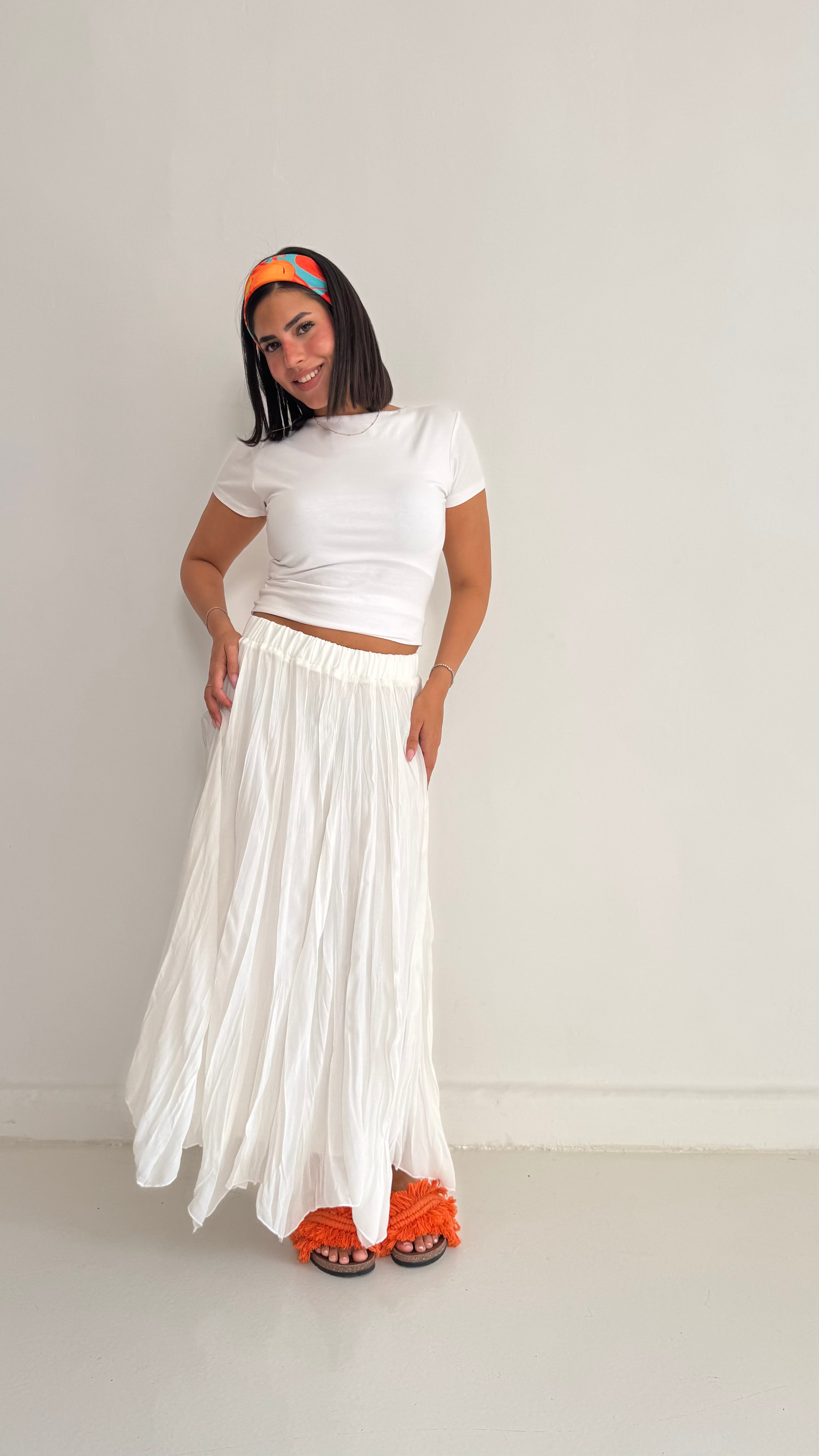 Flowy Crinkle Skirt In White
