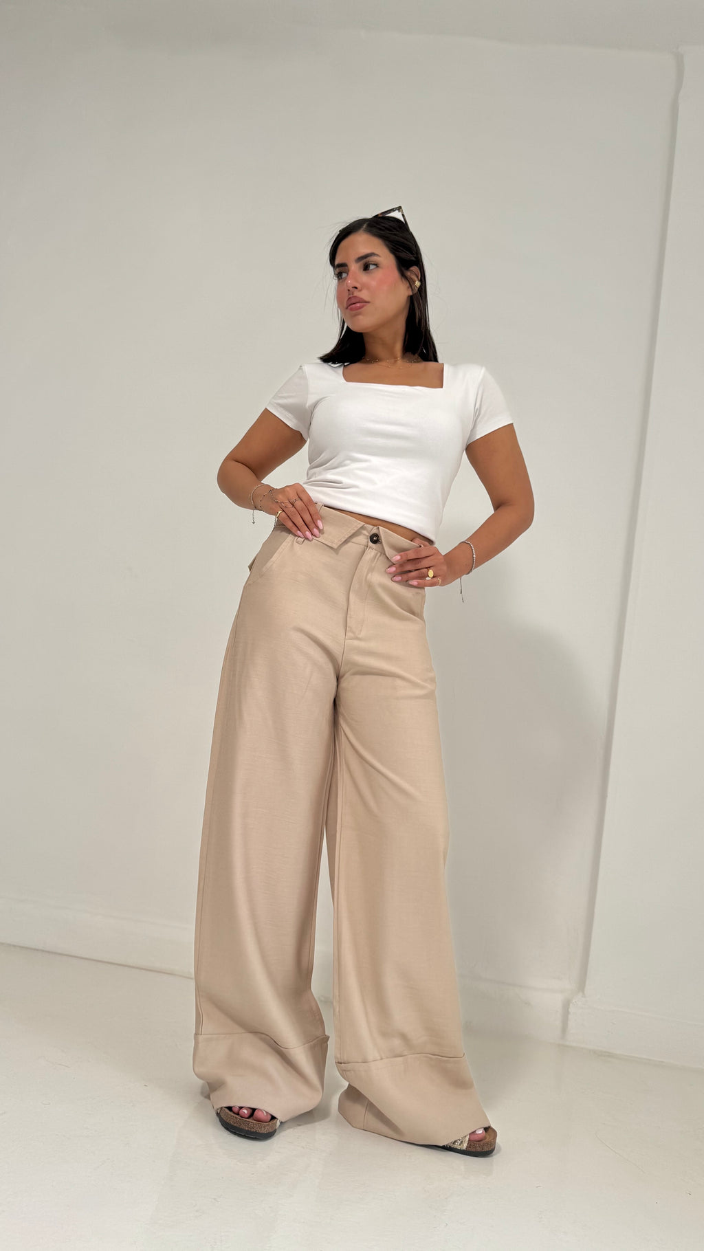 Fold-Over Waist Pants - Beige