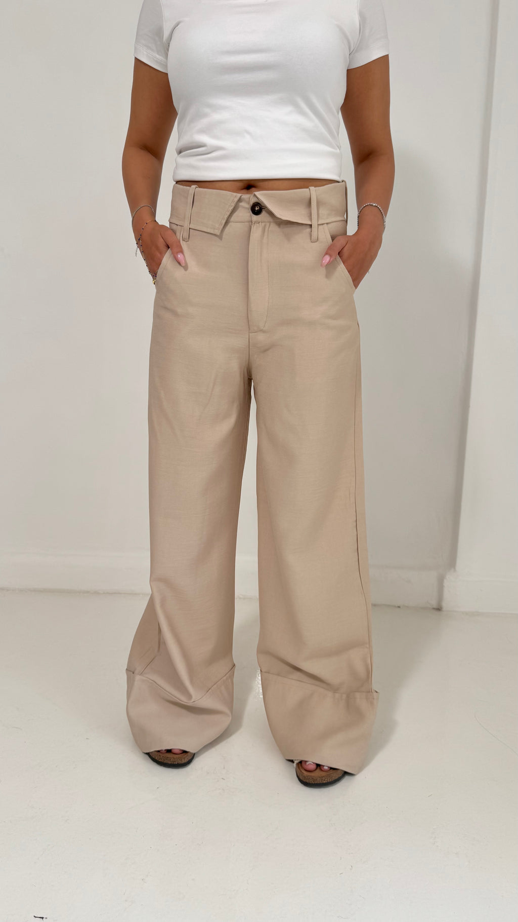 Fold-Over Waist Pants - Beige