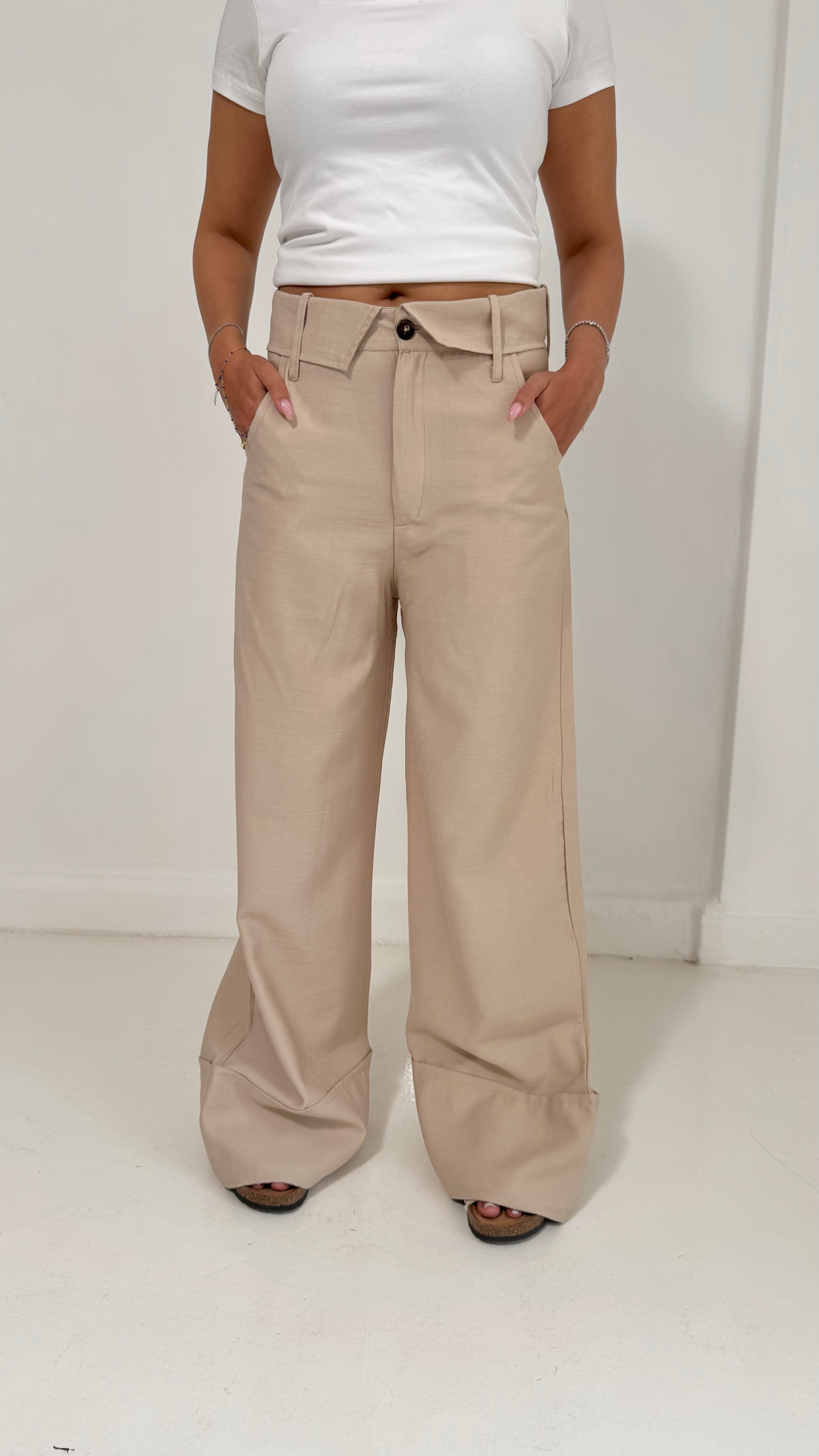 Fold-Over Waist Pants - Beige