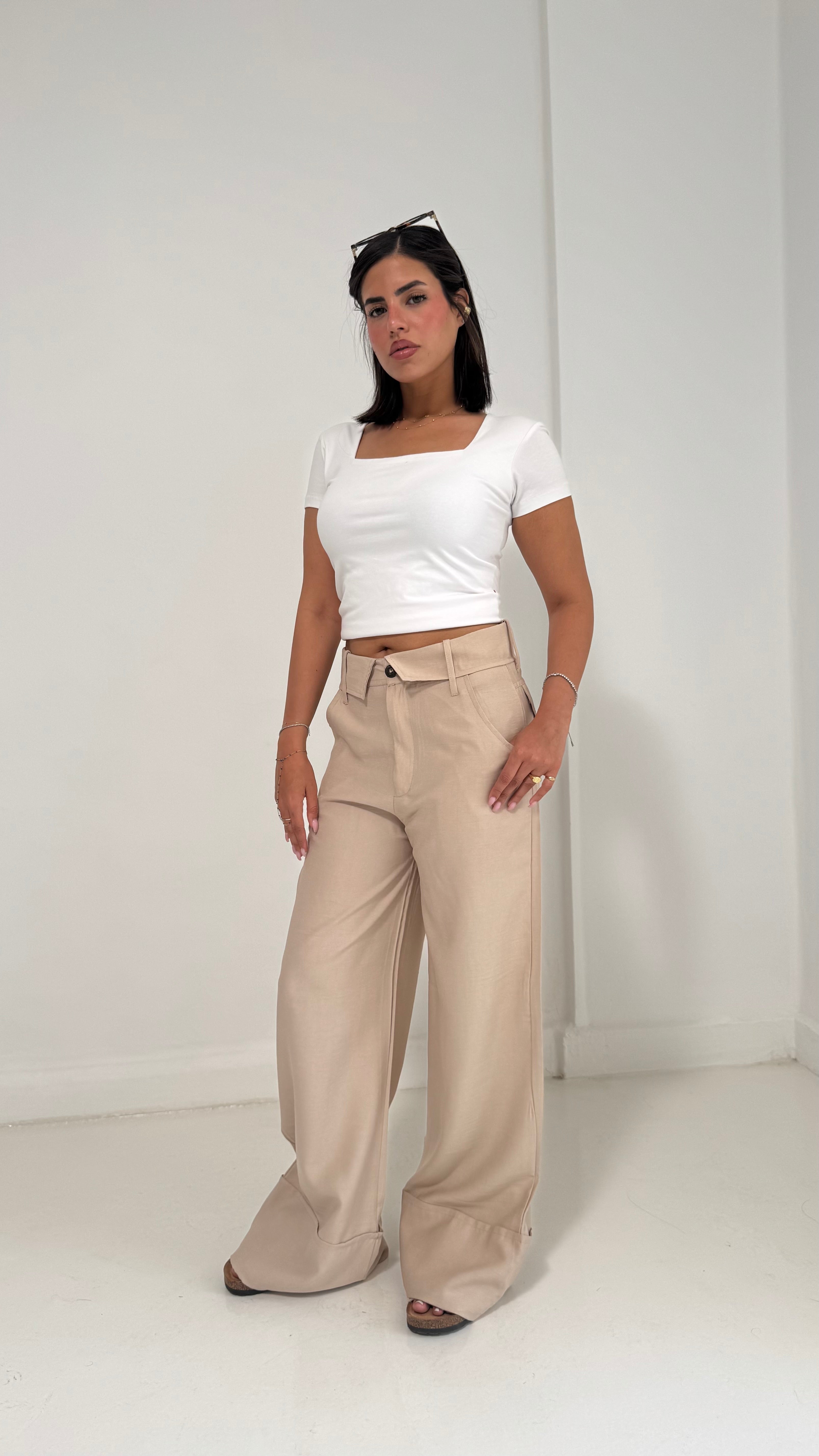 Fold-Over Waist Pants - Beige