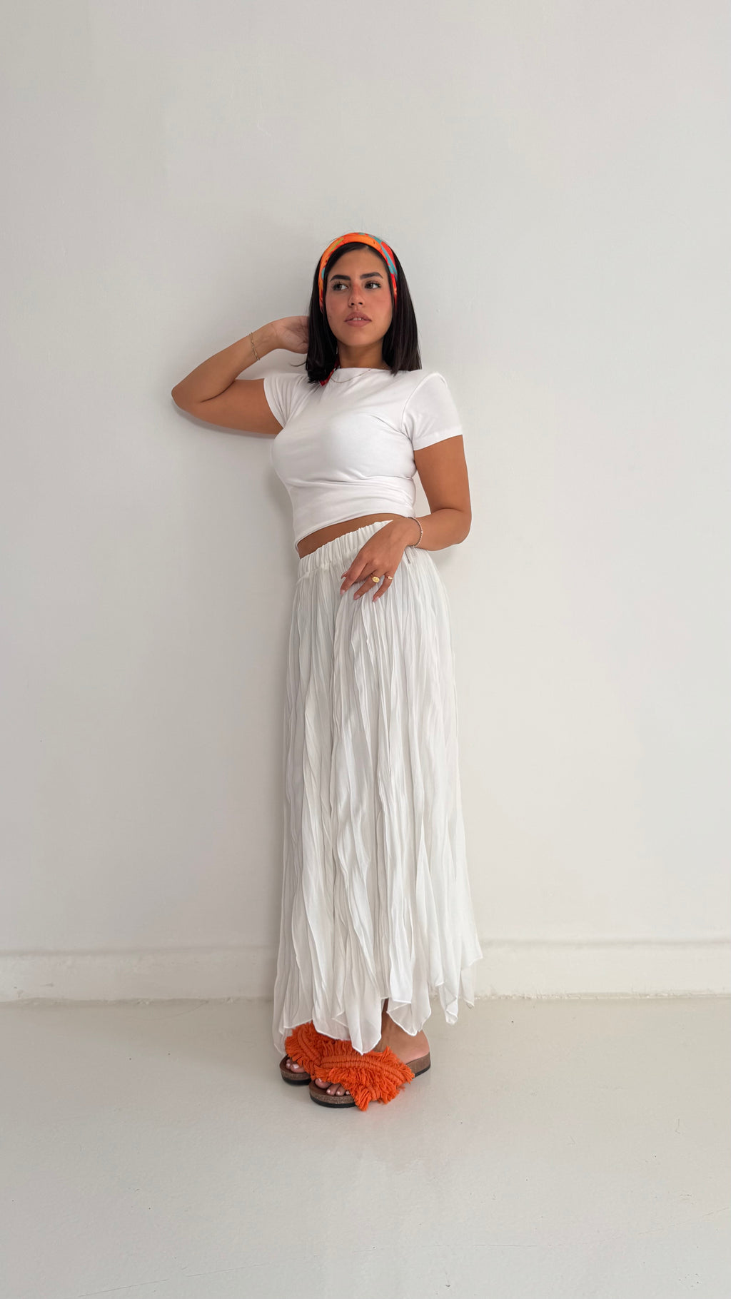 Flowy Crinkle Skirt In White