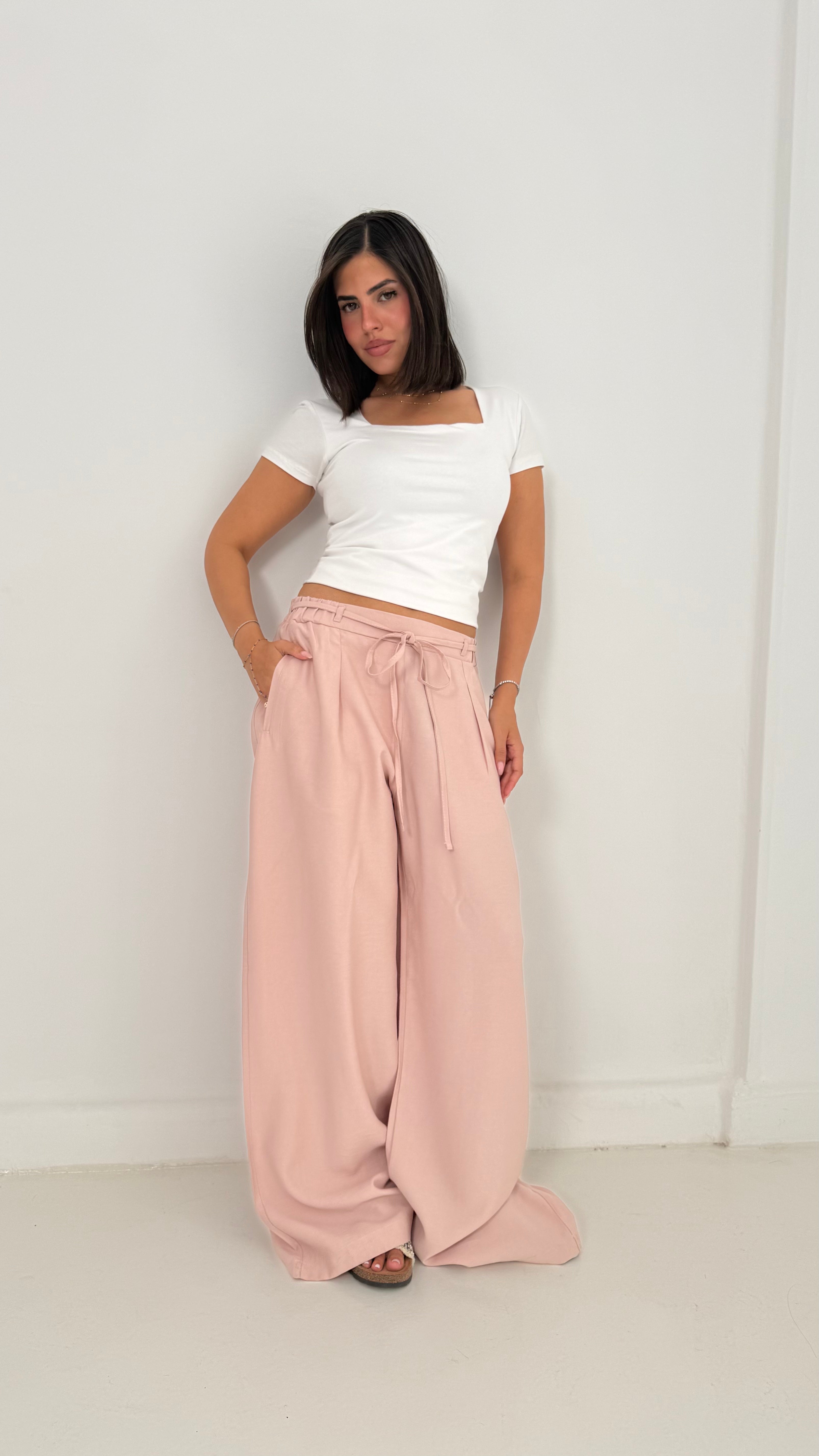 Pinky Linen Wide-Leg Pants