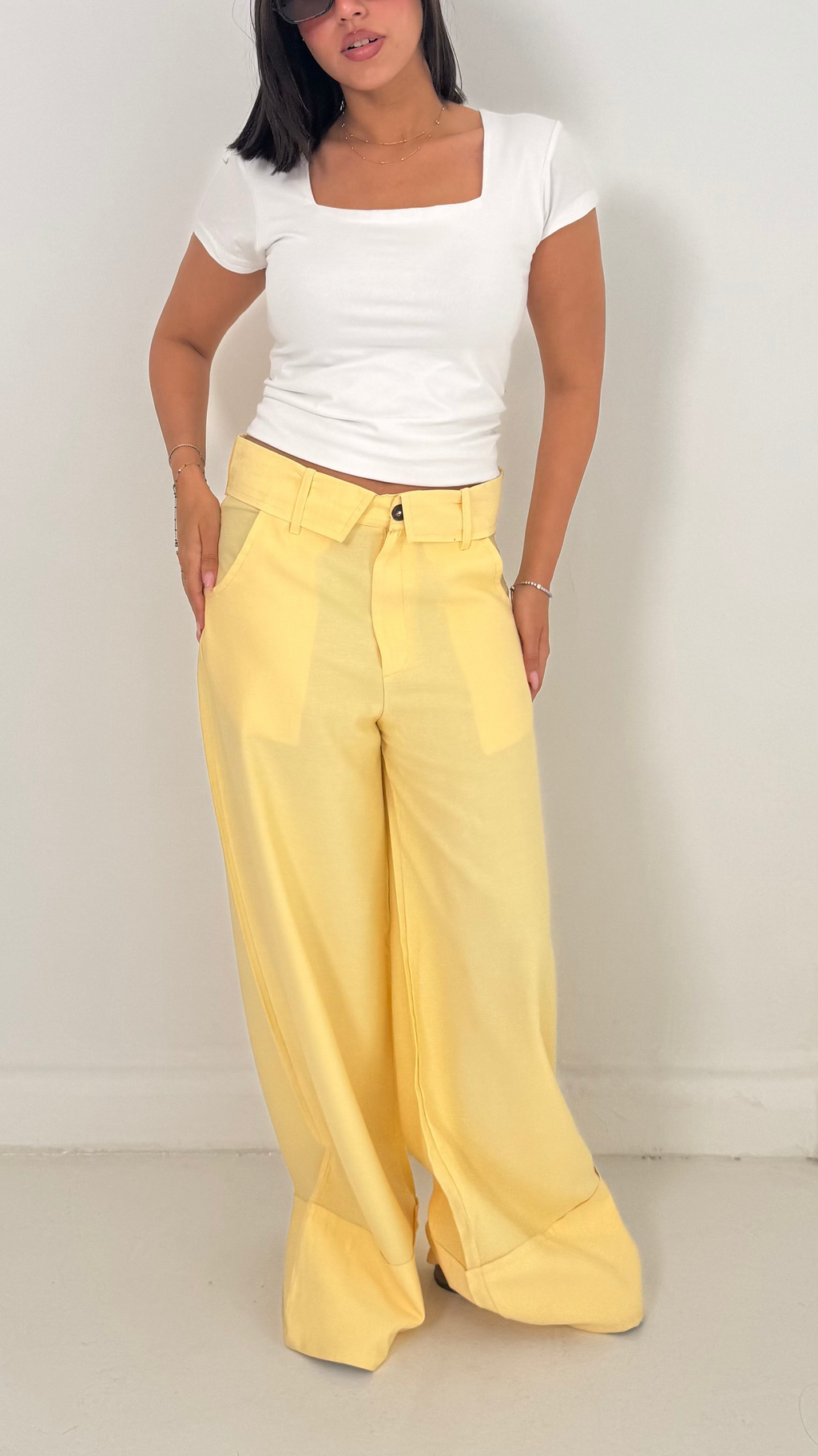 Fold-Over Waist Pants - Butter Yellow