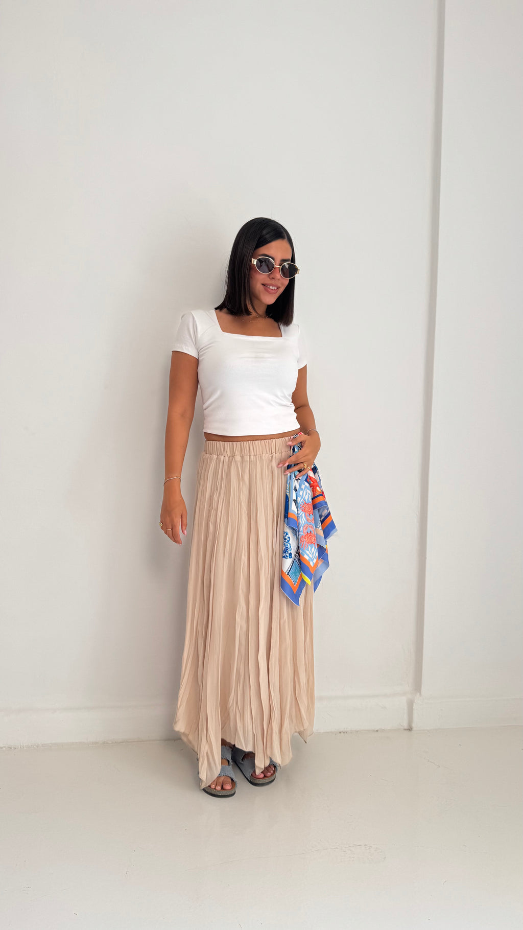 Flowy Crinkle Skirt In Beige