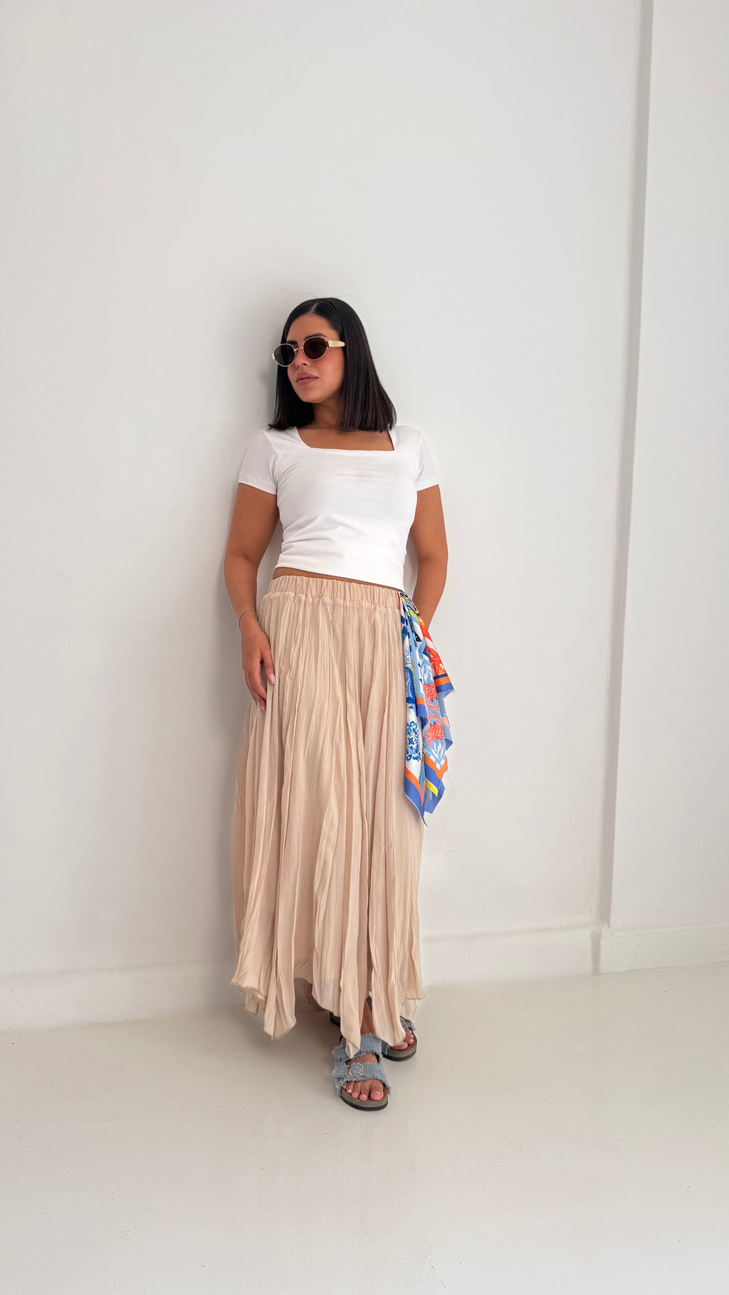 Flowy Crinkle Skirt In Beige