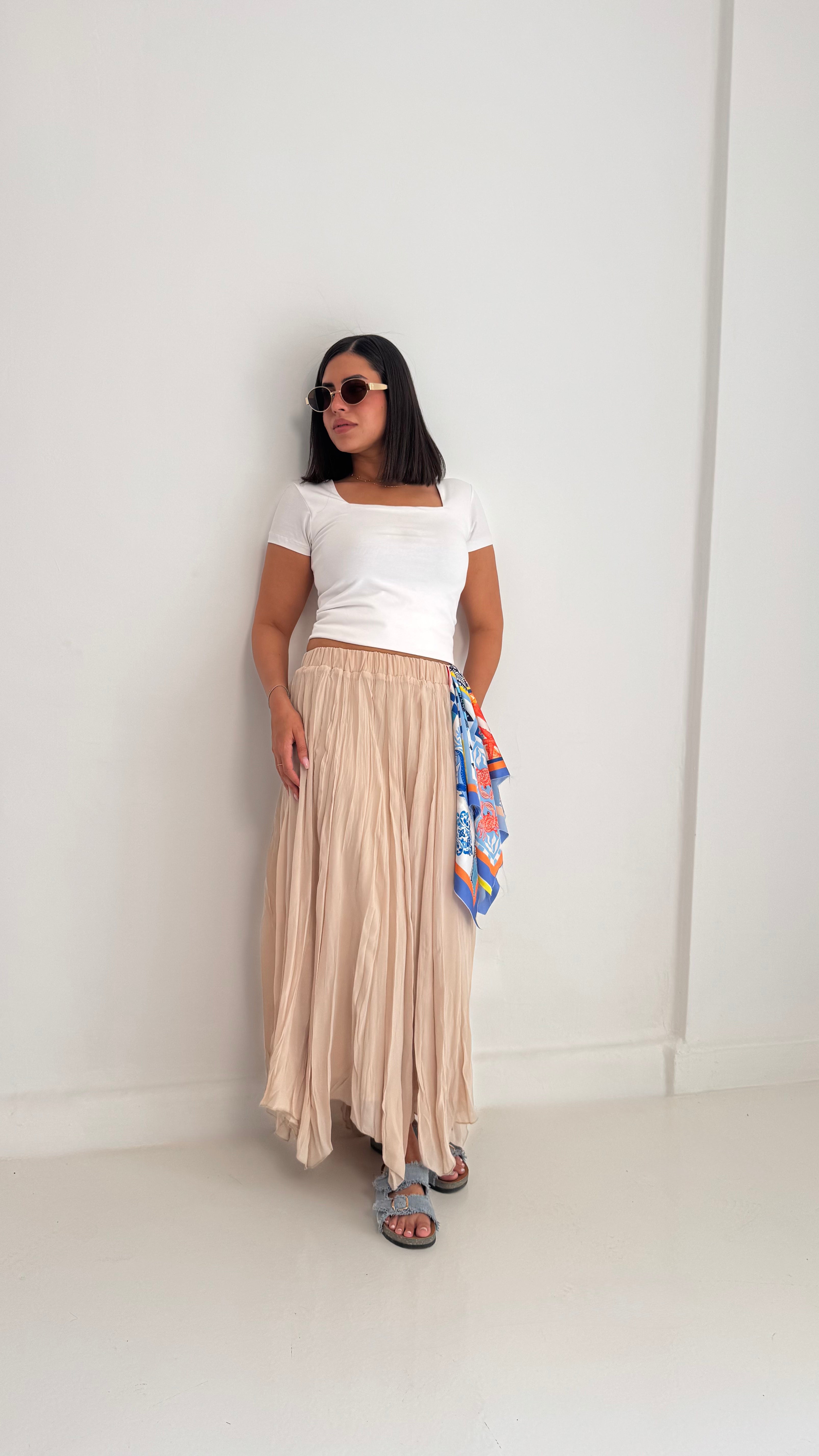Flowy Crinkle Skirt In Beige