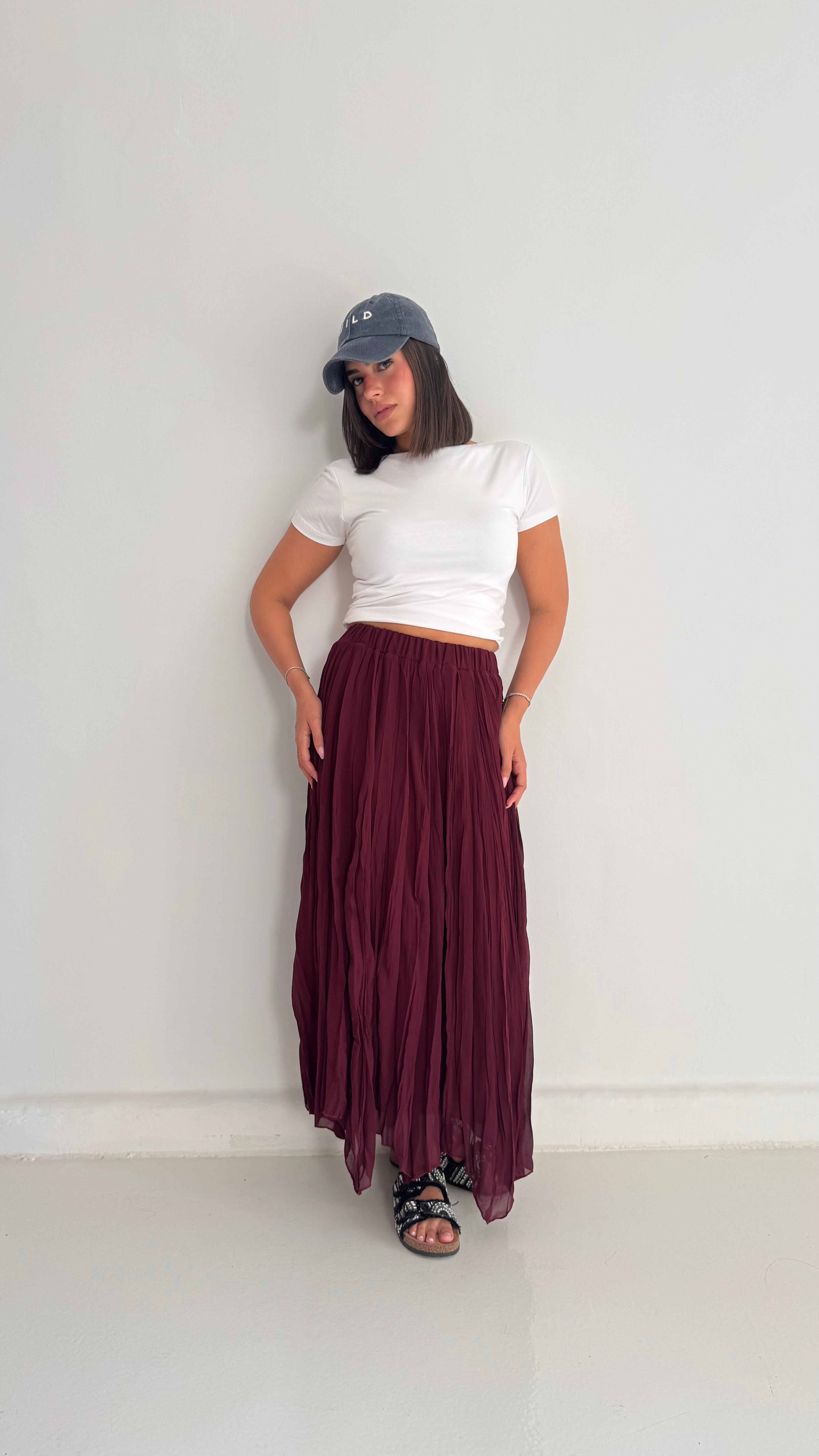 Flowy Crinkle Skirt In Burgundy